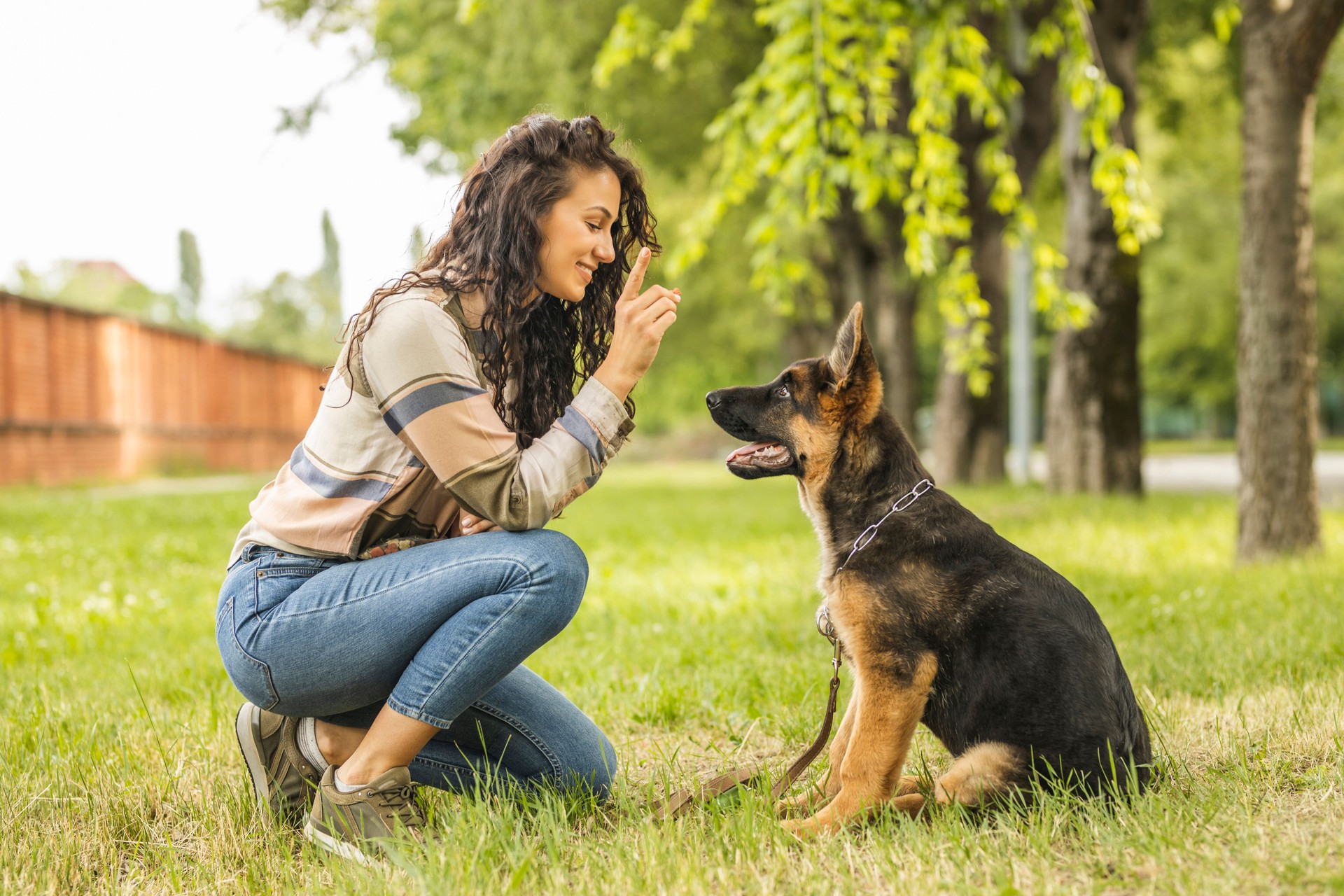 Woman playing with her dog at the park