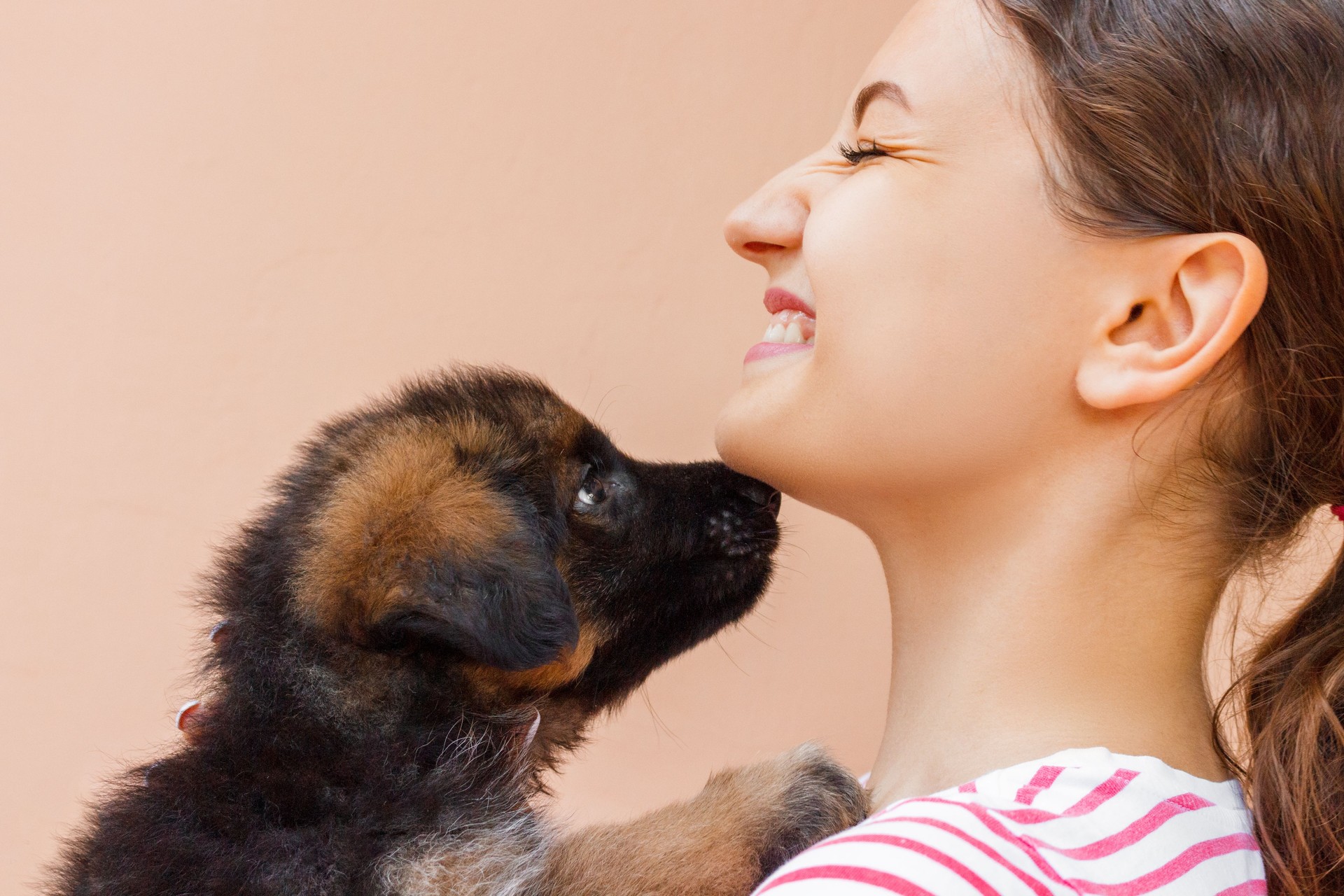 Puppy is giving a kiss to its girl owner